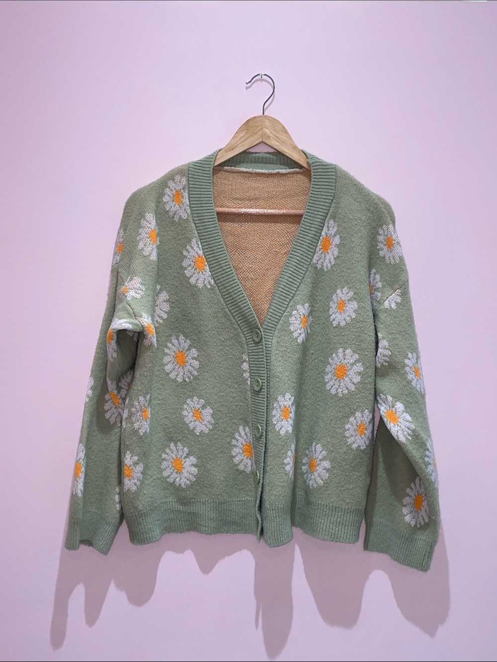 SHEIN Sage Green Daisy Knit Cardigan with Yellow Centers